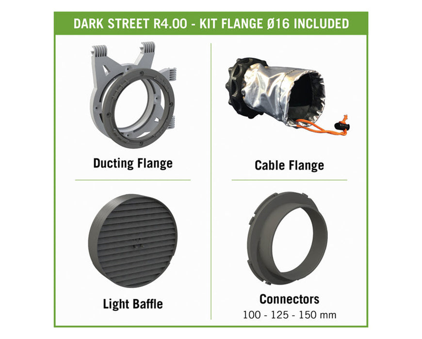 Dark Street R4.00 kit flange components including ducting flange, cable flange, light baffle, and connectors.