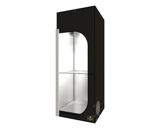 Front angle view of Secret Jardin Dark Street 60 Grow Tent with a reflective interior and single metal shelf.