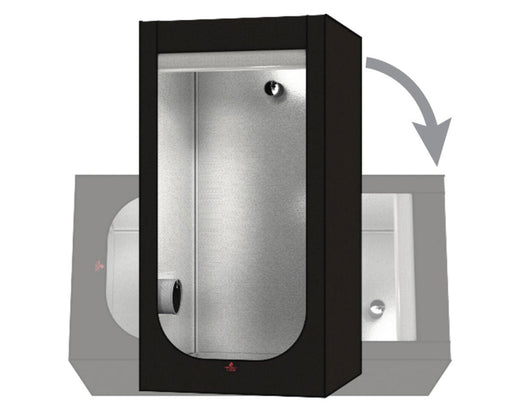 Secret Jardin Hydro Shoot 100 grow tent shown upright with a graphic indicating horizontal rotation for setup flexibility.