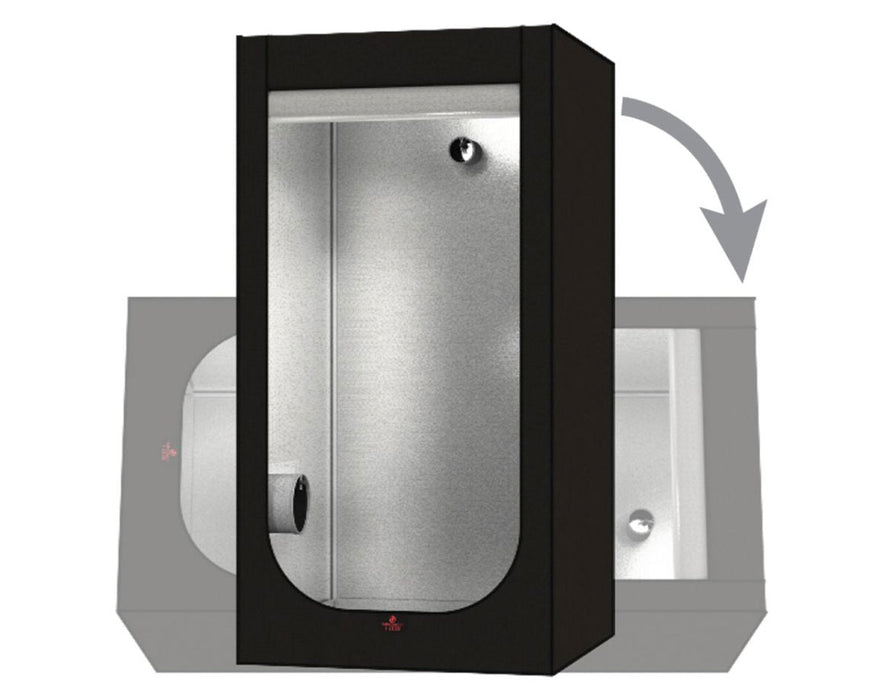 Secret Jardin Hydro Shoot 100 grow tent shown upright with a graphic indicating horizontal rotation for setup flexibility.
