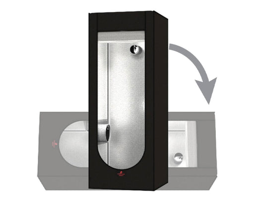 Secret Jardin Hydro Shoot 60 grow tent with reflective interior, shown upright with arrow indicating horizontal setup option.