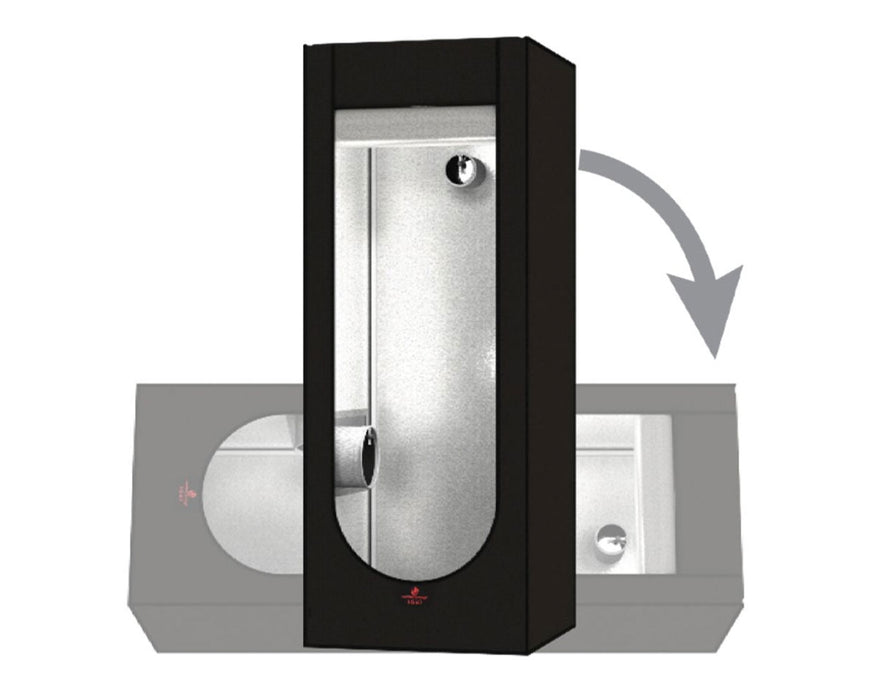 Secret Jardin Hydro Shoot 60 grow tent with reflective interior, shown upright with arrow indicating horizontal setup option.