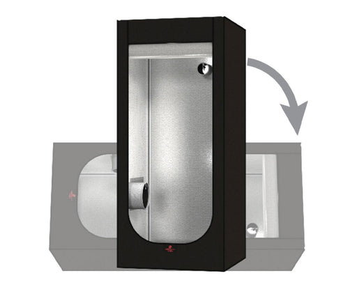 Secret Jardin Hydro Shoot 80 grow tent with reflective interior, shown vertically with an arrow indicating horizontal setup option.