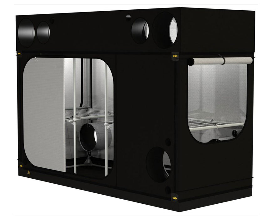 Angled side view of the Secret Jardin Intense 120 grow tent with partially open flaps revealing the interior shelves.