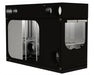 Angled side view of the Secret Jardin Intense 120 grow tent with partially open flaps revealing the interior shelves.