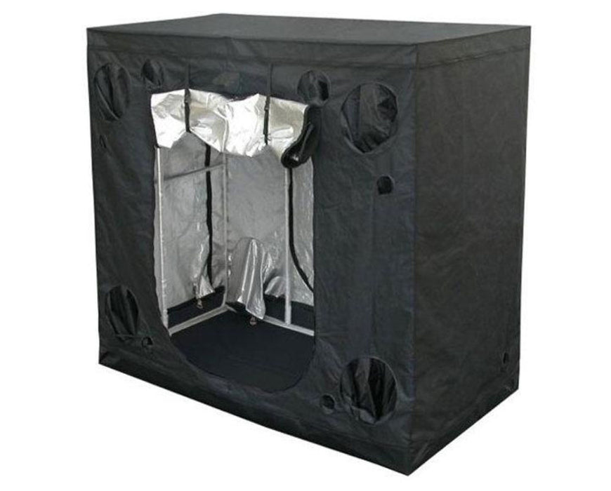 Front view of the Secret Jardin Intense 120 grow tent with black exterior cover and open entrance exposing reflective lining.