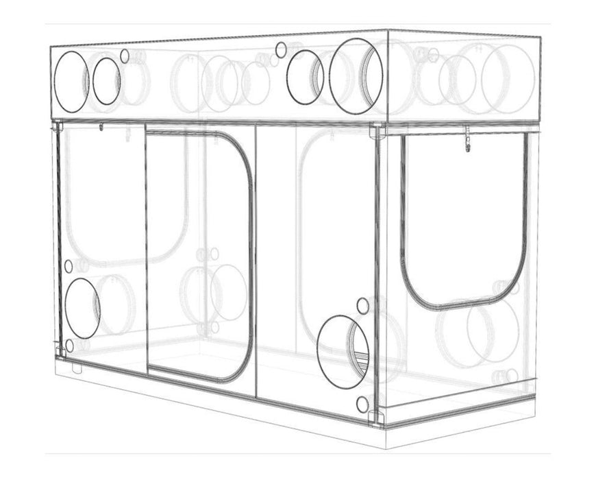 Wireframe model of the Secret Jardin Intense 120 grow tent showing structure, ports, and door outline in 3D view.
