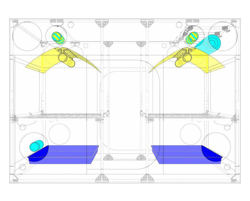 Top-down schematic view of the Secret Jardin Intense 120 showing lighting and ventilation zones for optimal setup.