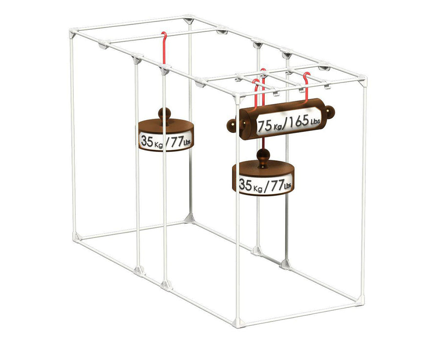 Load test illustration of the Secret Jardin Intense 120 frame showing hanging capacity of up to 165 lbs and 77 lbs per bar.