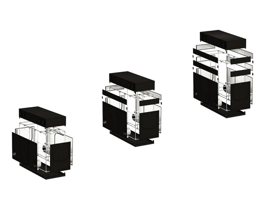 Exploded view of the Secret Jardin Intense 120 grow tent displaying step-by-step assembly of its components.