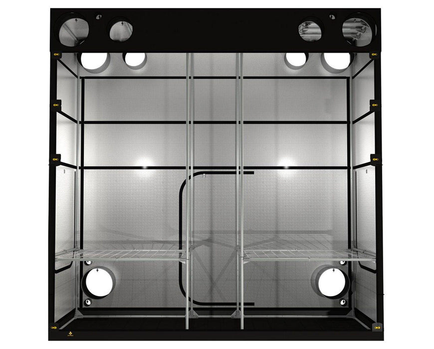 Interior view of the Secret Jardin Intense 120 grow tent showing dual compartments, duct ports, and support bars.