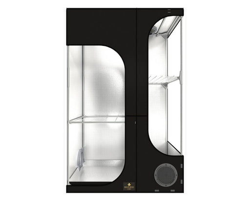 Front view of the Secret Jardin Lodge 100 grow tent highlighting the dual-chamber design with center divider.