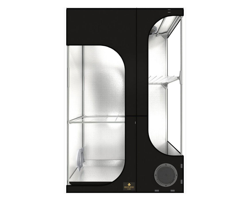 Front view of the Secret Jardin Lodge 100 grow tent highlighting the dual-chamber design with center divider.