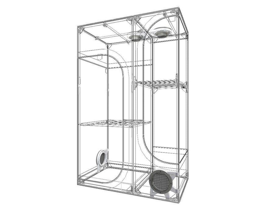 Wireframe diagram of the Secret Jardin Lodge 100 grow tent with visible ventilation ports and shelving layout.