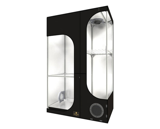 Angled front view of the Secret Jardin Lodge 100 grow tent showing dual growing chambers and reflective inner lining.