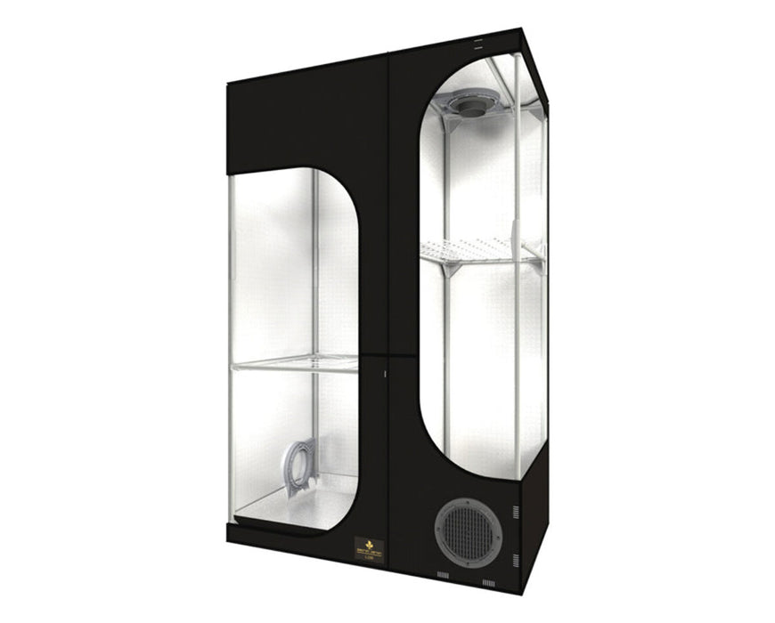 Angled front view of the Secret Jardin Lodge 100 grow tent showing dual growing chambers and reflective inner lining.