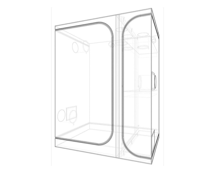 Transparent schematic of large 3-in-1 tent with dual doors and multiple ports.