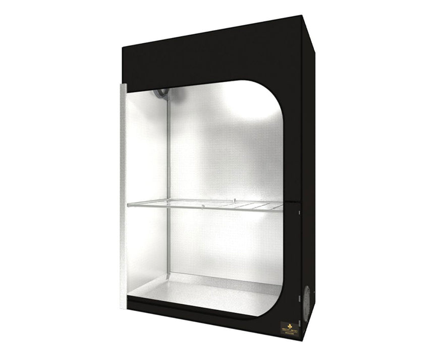 Secret Jardin Wide Dark Street 120 Grow Tent with reflective mylar interior and metal shelf, ideal for compact grow spaces.