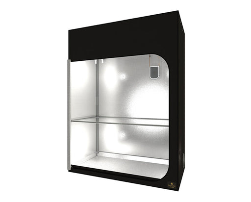 Secret Jardin Wide Dark Street 150 Grow Tent featuring reflective mylar lining, metal shelf, and hanging sensor for environmental control.