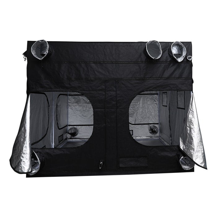 Front view of the Goliath Grow Tent 10x10 with open doors and visible diamond reflective interior and ducting ports.