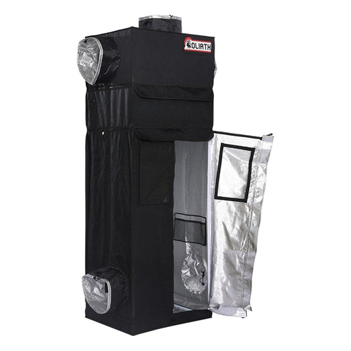 Compact Goliath Grow Tent 2x2.5 with partially open door, Easy-View window, and 1680D exterior fabric.