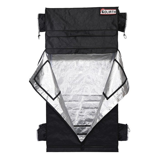 Front view of the Goliath Grow Tent 2x4 with both doors open, revealing the full diamond reflective interior.