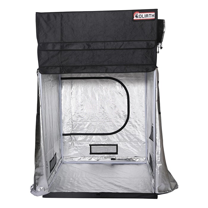 Goliath Grow Tent 5x5 with front flap open, showing spacious reflective interior and ventilation port layout.