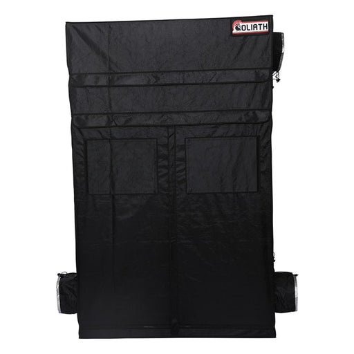 Front view of the Goliath Grow Tent 5x5 fully zipped with dual Easy-View windows and 1680D black exterior.