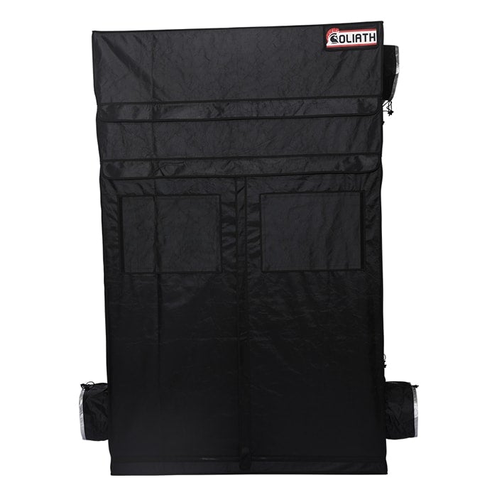 Front view of the Goliath Grow Tent 5x5 fully zipped with dual Easy-View windows and 1680D black exterior.