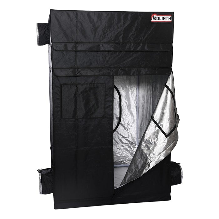 Goliath Grow Tent 5x5 with one door open, displaying diamond reflective interior and front access design.
