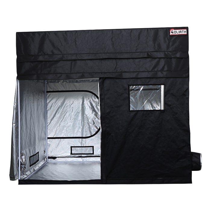 Side angle of Goliath Grow Tent 5x9 with left door open and Easy-View window exposed, showing internal space.