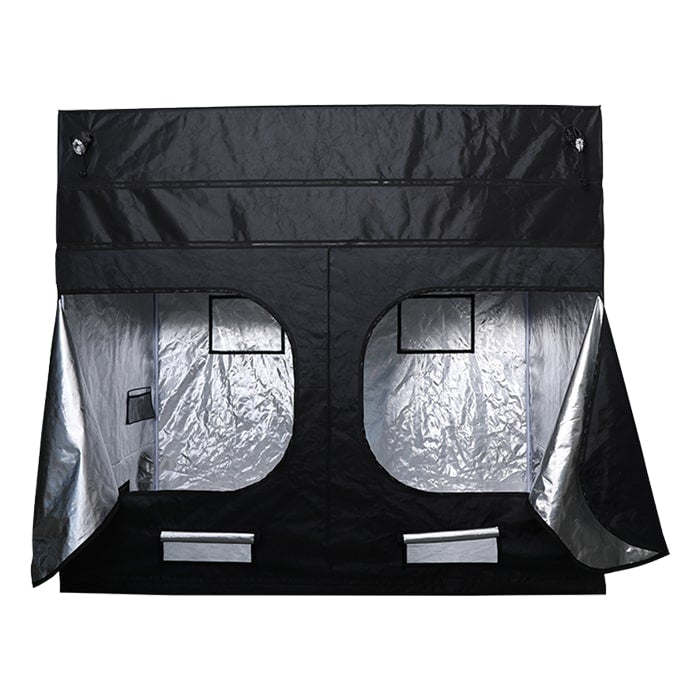 Goliath Grow Tent 5x9 front view with both doors slightly open, revealing reflective interior and dual windows.