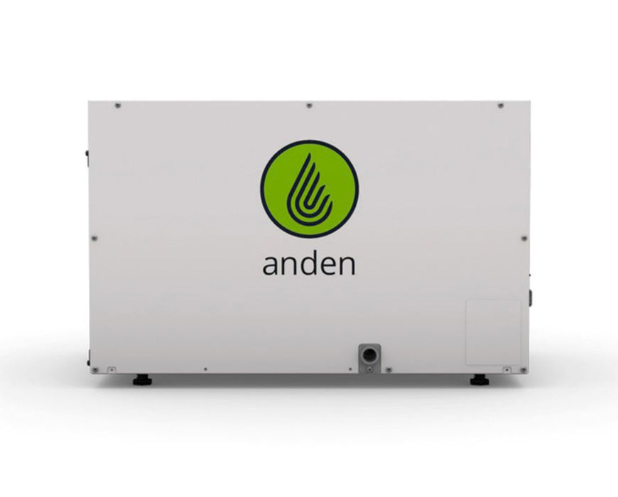 Anden A210V1 dehumidifier showing the filter area, logo, and external design from a different angle, emphasizing the airflow vents.