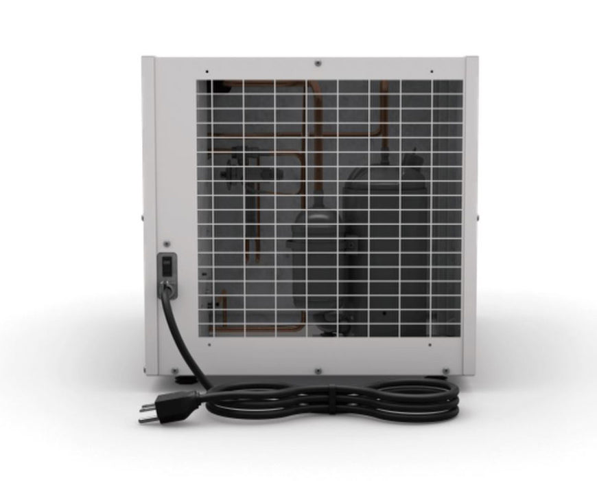 Back view of the Anden A210V1 dehumidifier showing the internal components through the rear panel and the power cord connection.