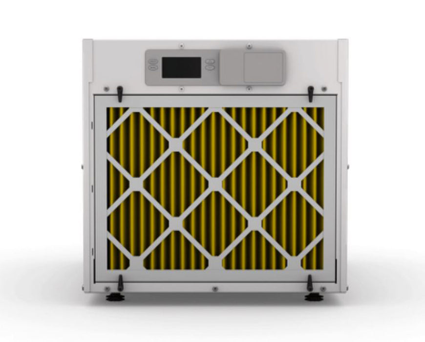 Anden A210V1 dehumidifier in operation with a visible yellow filter and front intake, mounted within a grow room environment.