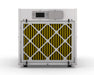 Anden A210V1 dehumidifier in operation with a visible yellow filter and front intake, mounted within a grow room environment.