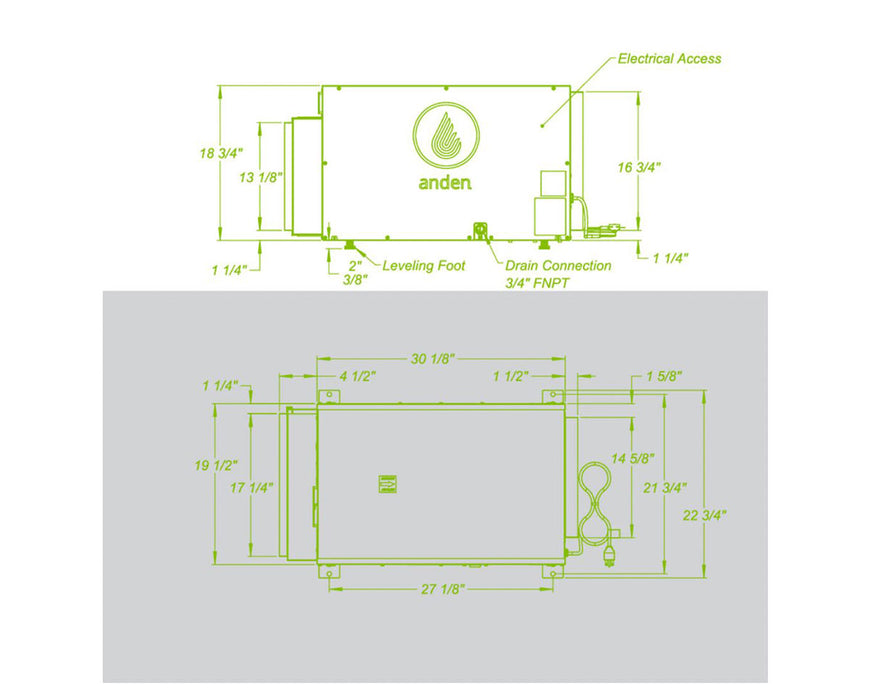Technical drawing of the Anden A210V1 dehumidifier showing detailed dimensions and components, including leveling feet and drain connection.