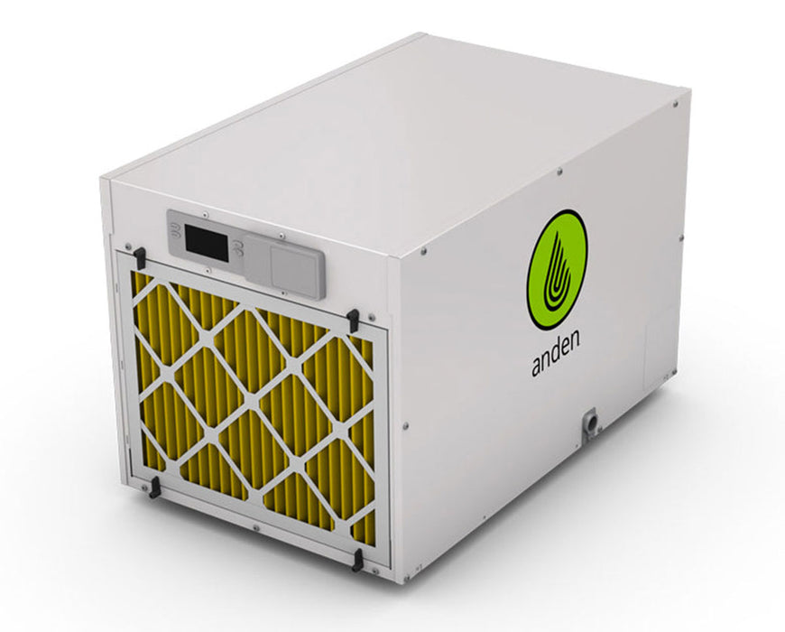Anden A210V1 Grow-Optimized Industrial Dehumidifier, 210 Pints/Day, 240v - Front view with yellow filter and control panel visible.