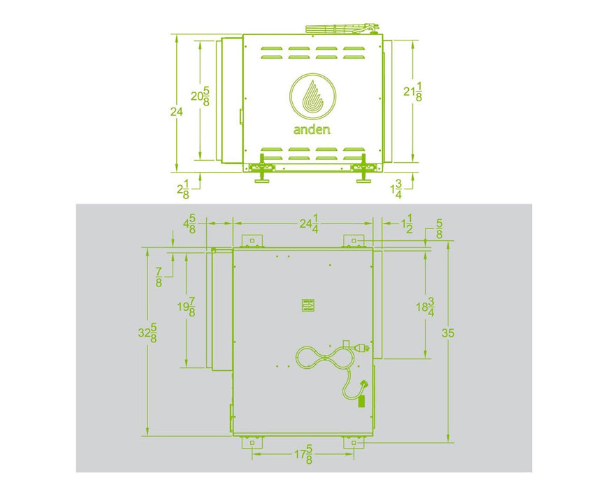 Technical drawing of the Anden A320V1 dehumidifier showing detailed dimensions and components, including leveling feet and drain connection.