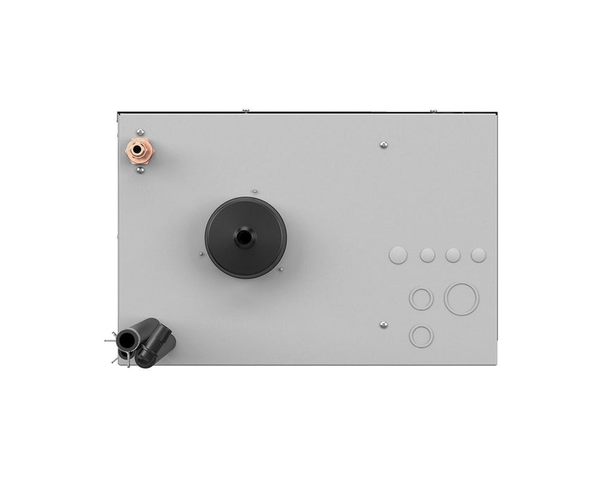 Bottom view of Anden AS150 steam humidifier showing pipe connections and power input ports.