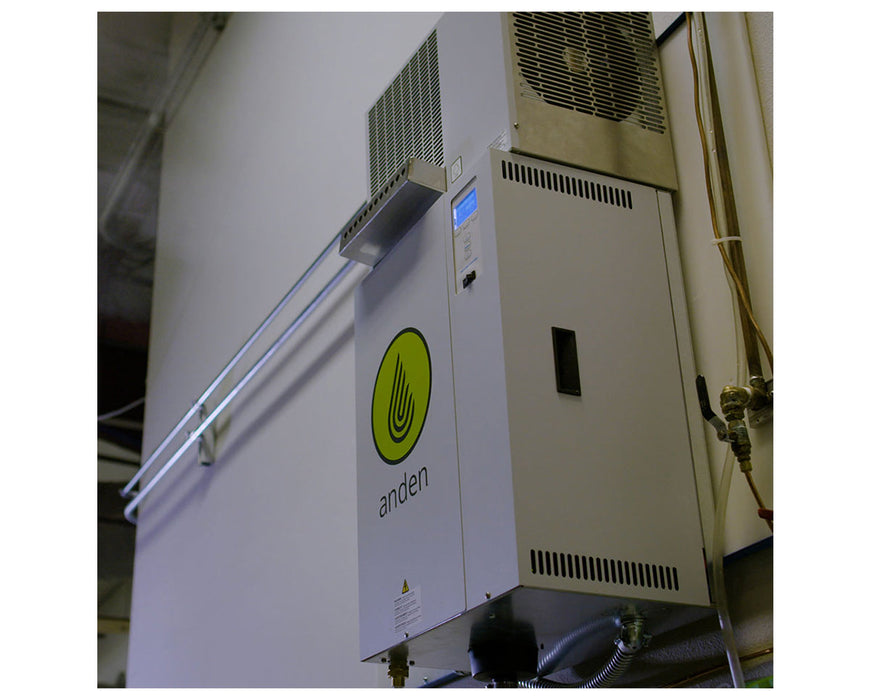 Installed Anden AS150 steam humidifier unit on wall with visible control panel and ventilation system.