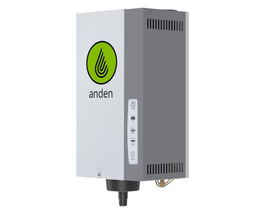 Angled side view of Anden AS35FP steam humidifier with visible vents and interface panel.