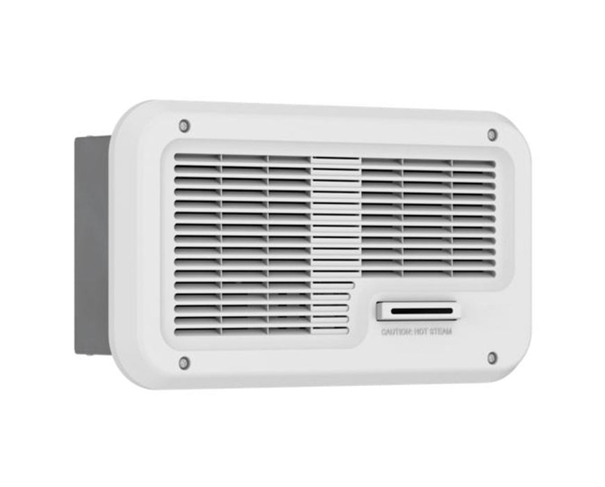 Close-up view of the Anden fan pack with front grill and hot steam warning label.