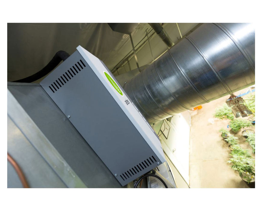 Ceiling-mounted Anden steam humidifier next to ventilation duct in a cultivation room.