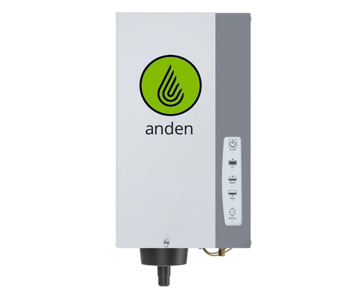 Front view of the Anden AS35FP steam humidifier showing logo and control buttons.