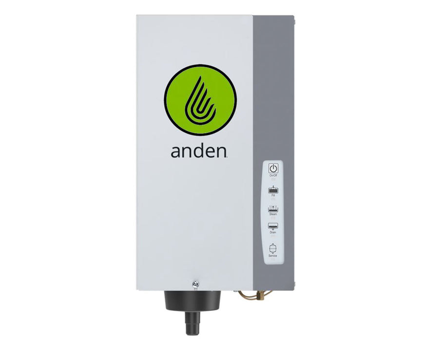 Front view of the Anden AS35FP steam humidifier showing logo and control buttons.