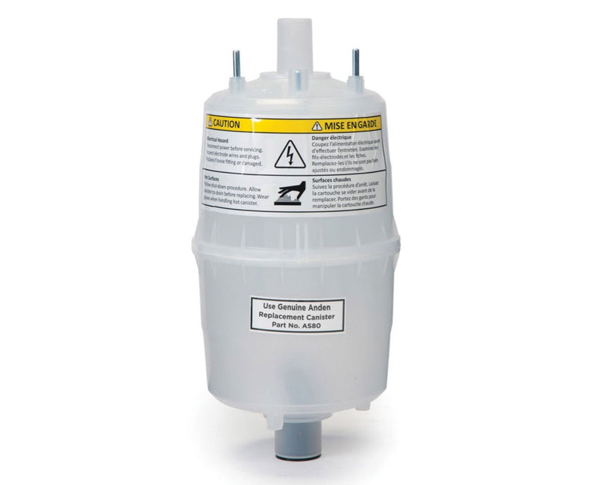 Anden AS80LC low conductivity steam canister with O-ring for steam humidifiers, labeled with safety warnings and part number.