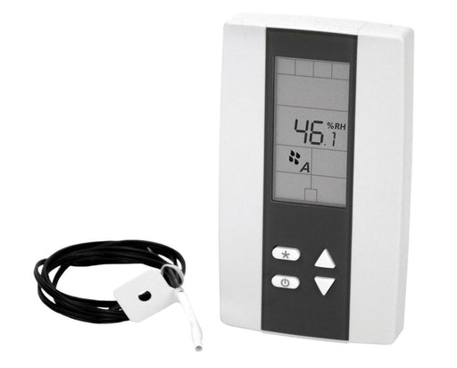 Anden digital humidistat for steam humidifiers with display screen, control buttons, and external sensor for RH monitoring.
