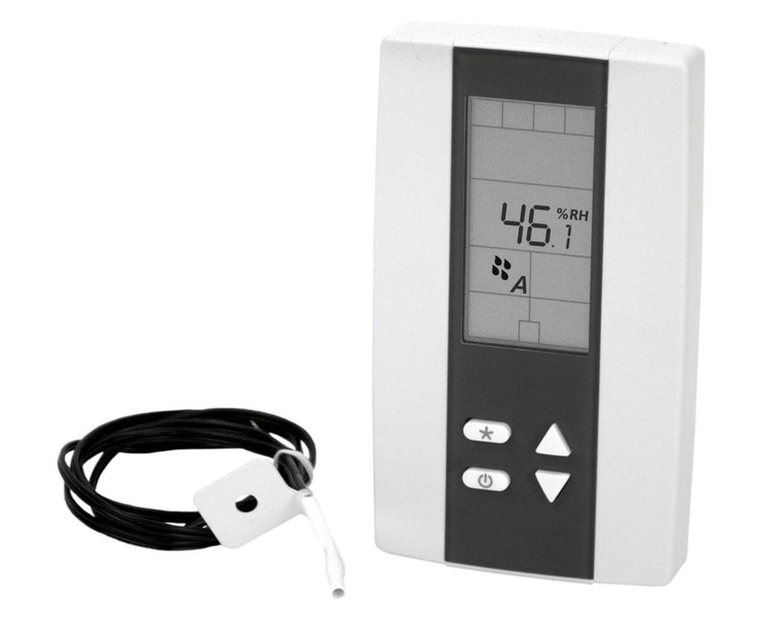 Anden digital humidistat for steam humidifiers with display screen, control buttons, and external sensor for RH monitoring.