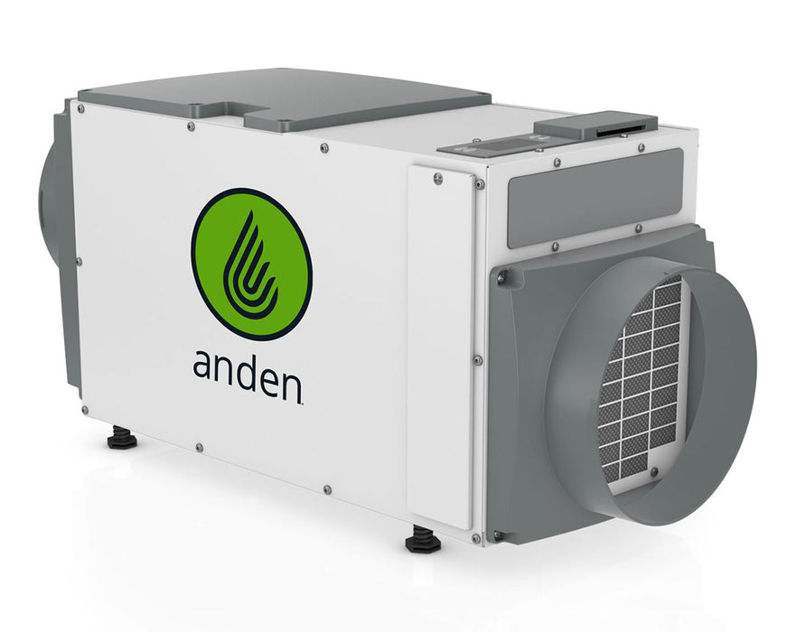 Front view of the Anden A100 dehumidifier, displaying the Anden logo and front air outlet for dehumidifying spaces efficiently.